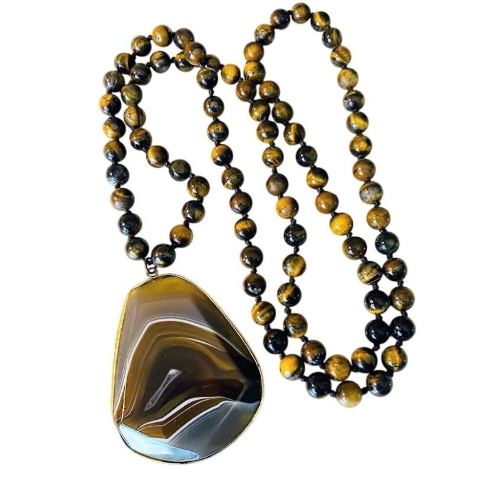 Vintage Brown Agate & Tiger's Eye Beaded Long Pendant Necklace 34"